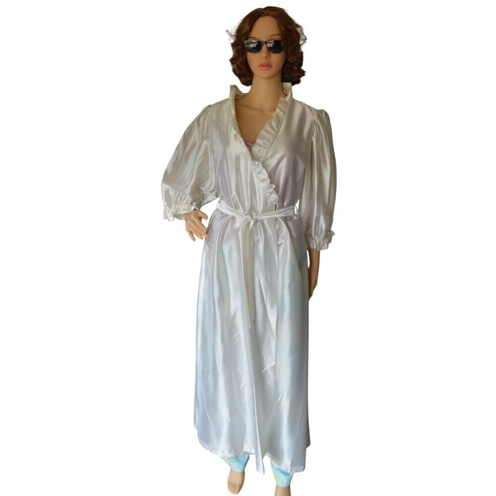 Vintage 70s White Satin Shiny Ruffled Puff Sleeve Womens Robe Estimated S/M